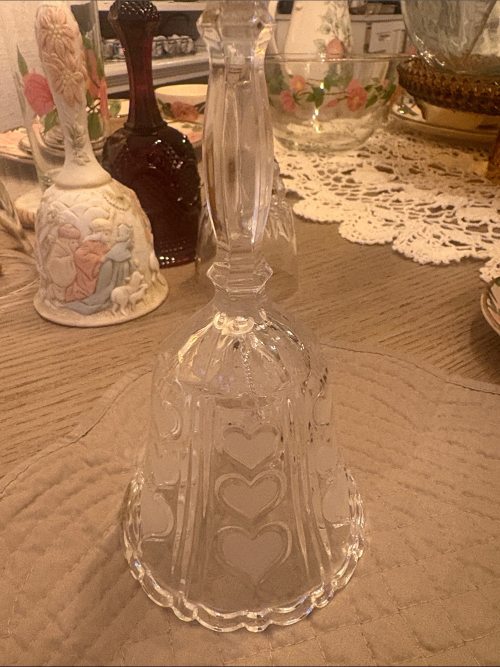 Pressed Glass Heart Bell - Clear Decorative Dinner Bell vintage bells all 6